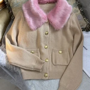 Autumn Winter Women French Style Deep Khaki Knitted Cardigan Long Sleeve Faux Fur Slim Fit Knitwear Casual Fashion Sweater Top - AliExpress Sweaters&Jumpers