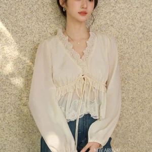 Sweet Ele Long Sve irt Women's Spring Design Sense Lace Ribbon Tie French Sle Breathable Skin-friendly ort Length - AliExpress Shirts & Blouses