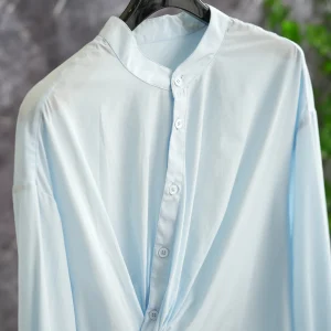 Silk Cotton Deconstructed Hem Knot Design Light Blue Stand Collar Shirt Top Women's Fashion Commute Style Long Sleeve Breathable - AliExpress Shirts & Blouses
