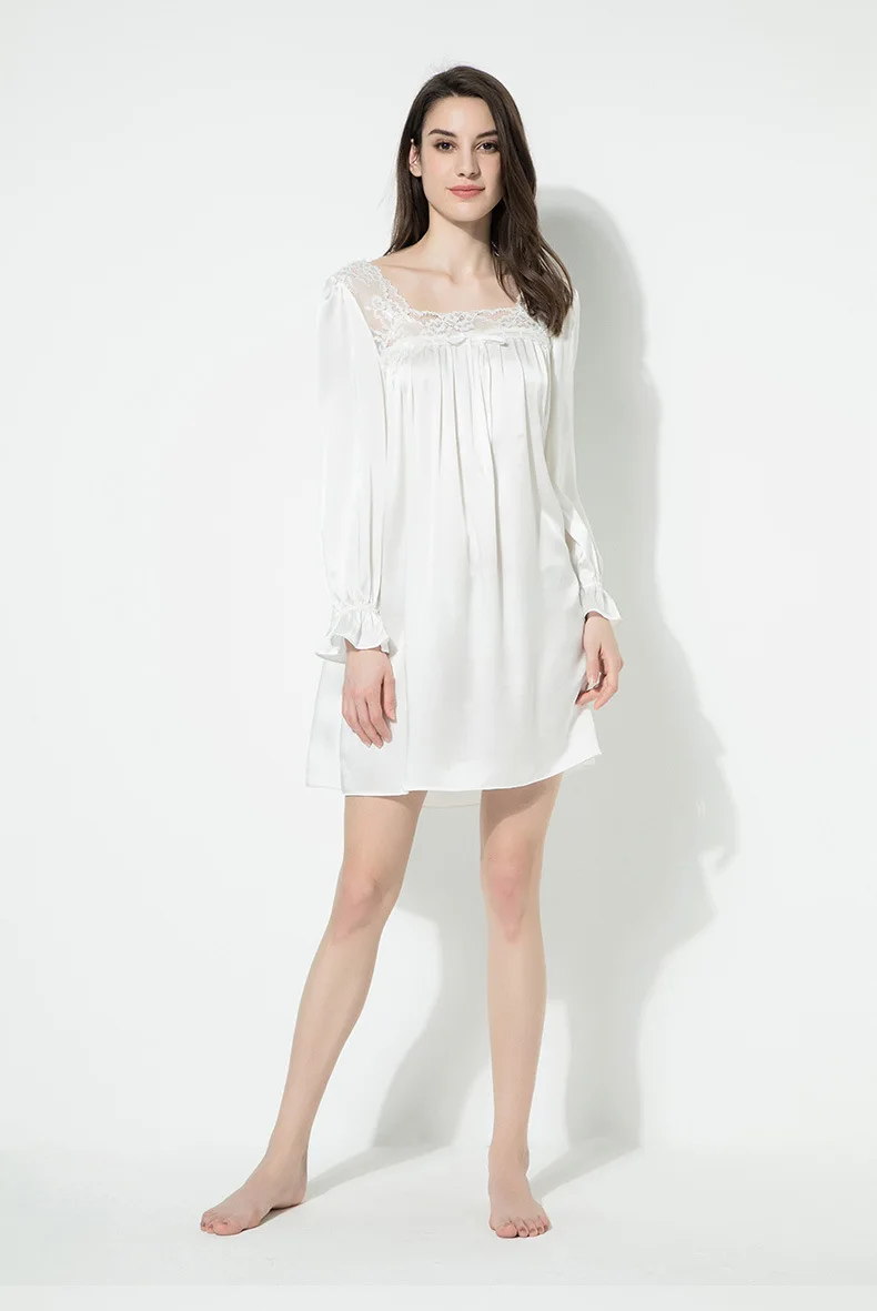 100% Mulberry Silk Nightgown Women Vintage French Palace Lace Long Sleeve Ruffle Cuff Mini Sleep Dress Luxury Bridal Nightdress - AliExpress Women's Sleep & Lounge