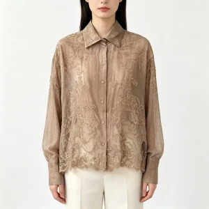 Washed Khaki 100% Silk Women's Blouses And Shirts Lapel Long Sleeve Floral Lace Embroidery Hollow Out Cropped Vintage Shirt - AliExpress Shirts & Blouses