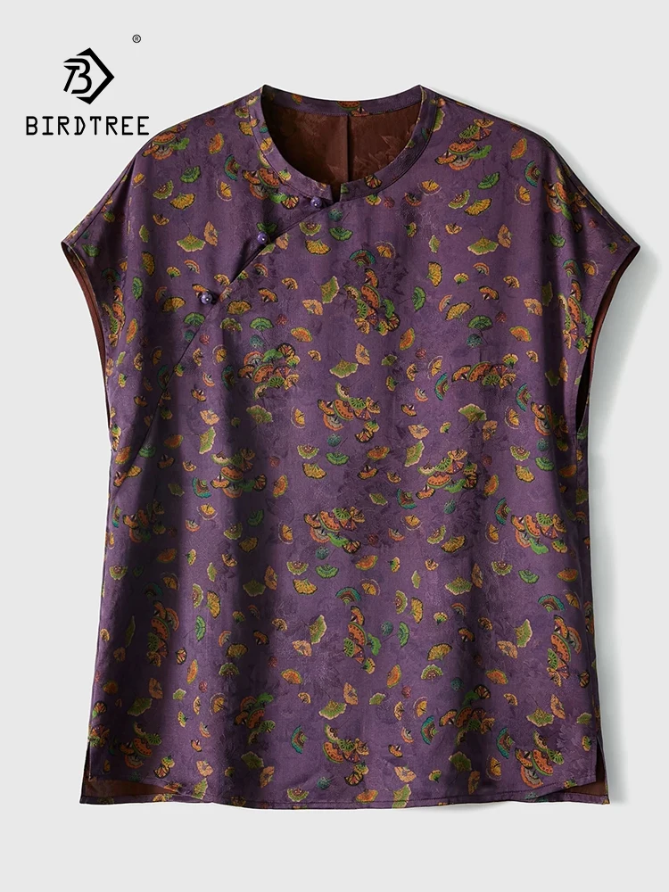 BirdTree-100%Real Silk Watered Gauze Elegant Shirt, Short Sleeve Jacquard, Women Retro Casual Loose Blouse, 2026 Summer T63640CC - AliExpress Shirts & Blouses