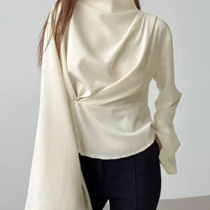 Stand Neck Chiffon Flared Sleeve Pleated Split Shirt for Women 2026 Autumn New Fashion Top Daily Clothing Women's Casual Blouses - AliExpress Shirts & Blouses