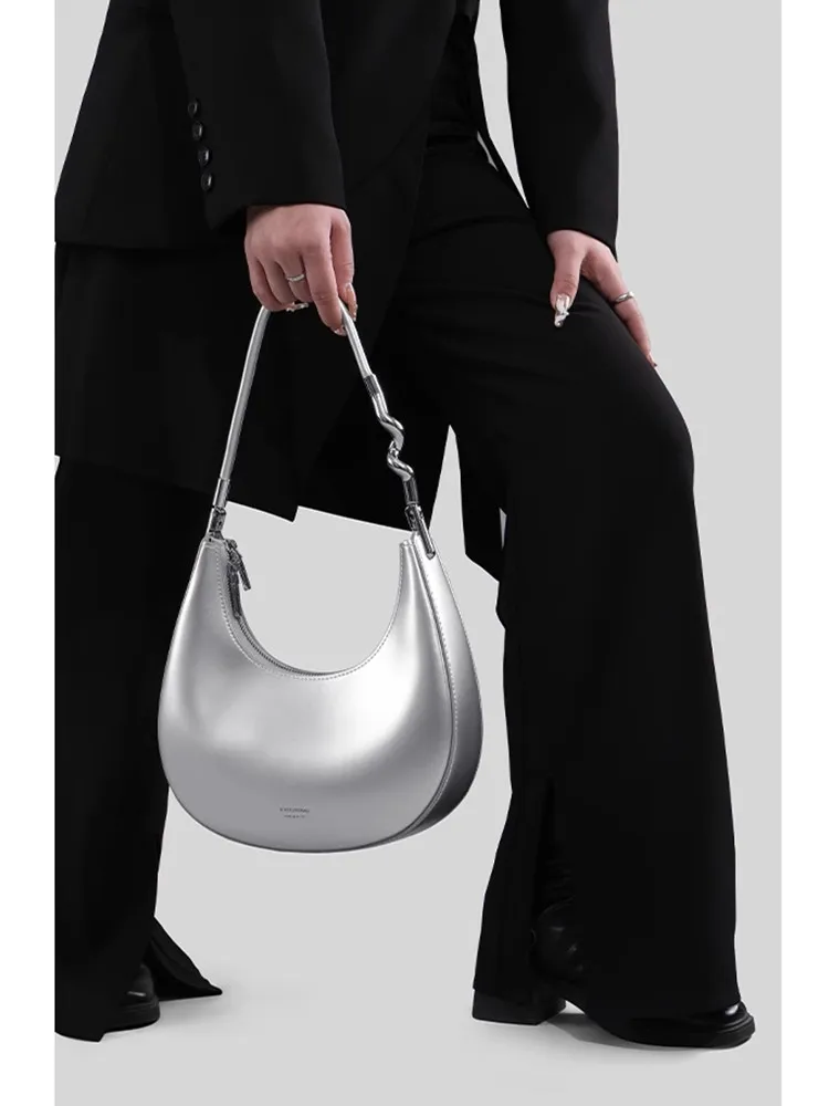 Silver Fashion Unique Moon Bag Genuine Leather Women BagHandbag Simple Real Leather Lady Underarm Shoulder Bag New - AliExpress Women's Handbags