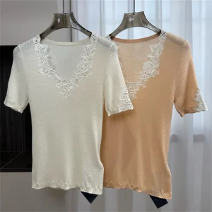 Women's sweater New elastic knitted slim fit short sleeved top for spring 2026 Lace patchwork V-neck pullover Wool blend T-shirt - AliExpress Sweaters&Jumpers