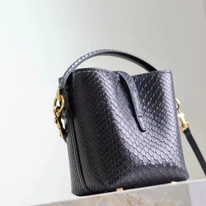 Black snakeskin mini bucket bag with a short top handle, detachable and adjustable crossbody strap, and vintage gold hardware ladies' small handbag. - AliExpress Women's Handbags