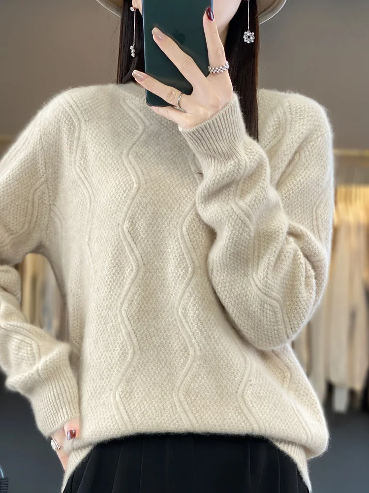 Autumn Winter O-Neck Wave Stripe Long Sleeve Thickening Pullover 100% Merino Wool Knitwear Women's Sweater Soft Keep Warm Tops - AliExpress Sweaters&Jumpers