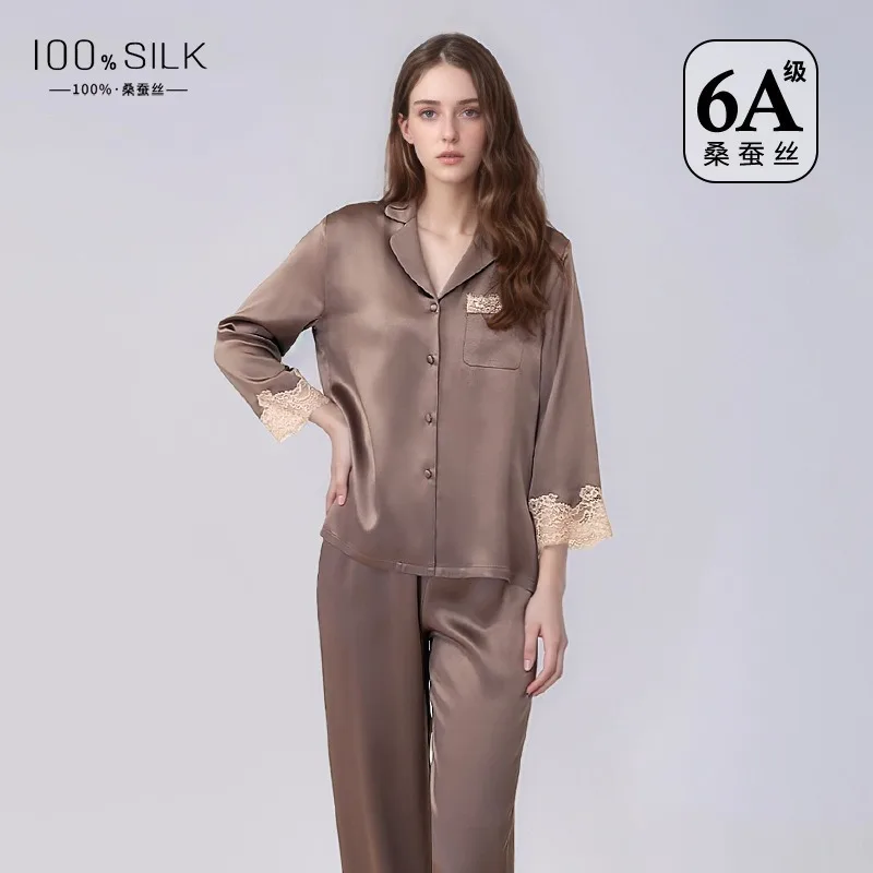 High-End Women's Autumn Winter Silk Pajamas Set 2PCS 100% Mulberry Silk Lace Patchwork Long Sleeves and Trousers Loungewear - AliExpress Women's Sleep & Lounge