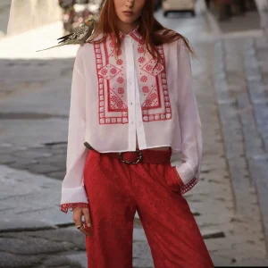 High Quality Retro Geometric Embroidered White Shirt Turn Down Collar Fashion Loose Women Casual Tops - AliExpress Shirts & Blouses