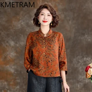 KMETRAM 100% Mulberry Silk Xiangyunsha Shirts for Women 2026 Summer Retro Printed Three Quarter Sleeved Blouses Camisas De Mujer - AliExpress Shirts & Blouses
