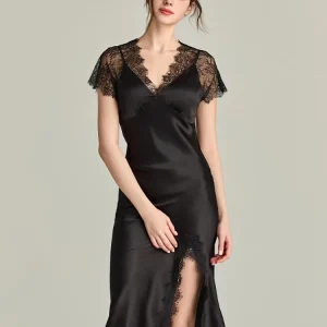 100% Mulberry Silk Women's Nightshirt with Bra Pads Sexy Lace Split Sleepdress V Neck Nightgown Pajama Dress Sleepwear Nightgown - AliExpress Women's Sleep & Lounge