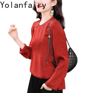 YOLANFAIRY 70% Real Mulberry Silk Shirts for Women Spring 2026 Vintage Red Woman Blouse Elegant Jacquard Tops and Blouses Tees - AliExpress Shirts & Blouses