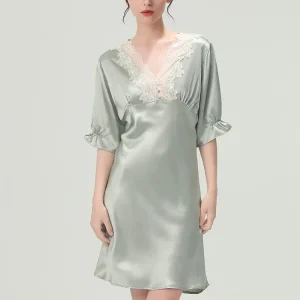 22MM 100% Mulberry Silk Women Nightgown Chemise Sexy Lace Summer Half-sleeved Night Dress V Neck Mini Pajama Dress Homewear PJS - AliExpress Women's Sleep & Lounge
