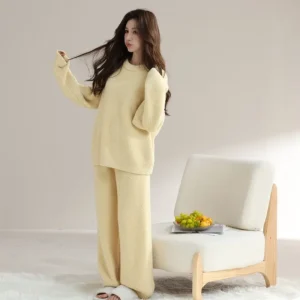Multicolored Floral Yarn Half Fleece Pajamas for Women in The Laid-back Style of Winter, Round-neck Long-sleeved Loose Wide-leg. - AliExpress Women's Sleep & Lounge