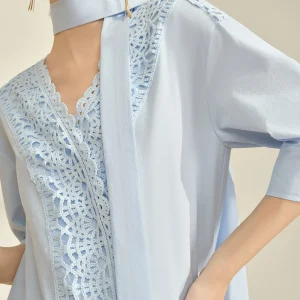 Flowing Era Commute Sle Blue Knitted V-Ne irt Women's Design Sensation Spring Faion Five-Quarter Sve with Tie - AliExpress Shirts & Blouses