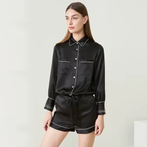 19MM 100% Mulberry Silk Rhinestone Long Sleeve Cardigan and Shorts Pajamas Set Solid Color Summer Outwear Pajama Lapel Nightwear - AliExpress Women's Sleep & Lounge