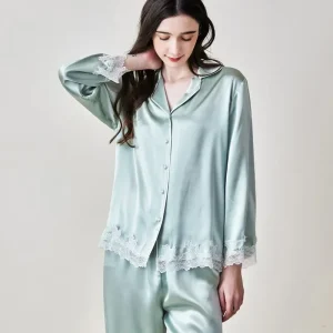 Elegant Lace Trim Women Silk Pajamas Set 100% Mulberry Silk Cardigan Loungewear Long Sleeve Top and Trousers Two-Piece Nightwear - AliExpress Women's Sleep & Lounge