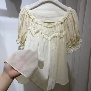 100% Cotton Women Lace Embroidery Yellow Blouse Top Summer Round Neck Puff Sleeve Loose Female Shirt - AliExpress Shirts & Blouses