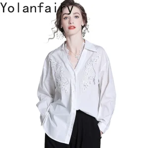 YOLANFAIRY 50% Lyocell 50%Cotton Shirts Woman Clothing Spring 2023 Elegant Lace Shirt Womens Tops Long Sleeve White Shirt V-neck - AliExpress Shirts & Blouses