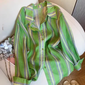 Heidd Spring 2026 Early Green Stripes Long Sleeve Silk Cotton Shirt Turn-down Collar Casual Style Women's Fashion - AliExpress Shirts & Blouses