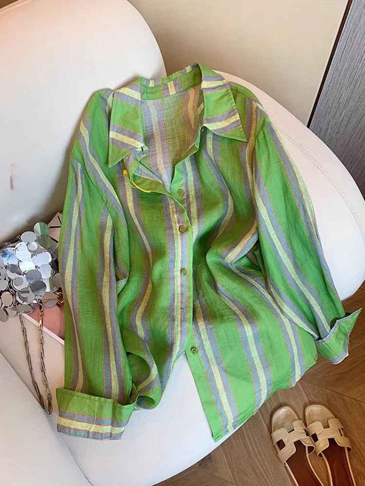 Heidd Spring 2026 Early Green Stripes Long Sleeve Silk Cotton Shirt Turn-down Collar Casual Style Women's Fashion - AliExpress Shirts & Blouses