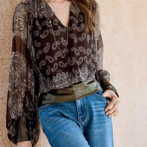2026 Summer Designer's Retro V-neck Silk Fabric with Floral Flared Sleeves and Contrasting Colors Spliced Cuff Women's Shirt - AliExpress Shirts & Blouses