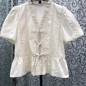 Milan Small Town Special Offer High Version Lace Tie V-Neck Hollow out Top Women's Original Design Shirt Straight Cut Long Sl... - AliExpress Shirts & Blouses