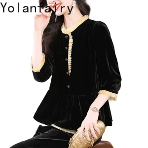 YOLANFAIRY Genuine Mulberry Silk Velvet Blouses for Woman Autumn Elegant Women Tops Doll Collar Fashion Shirts Female Blouse - AliExpress Shirts & Blouses