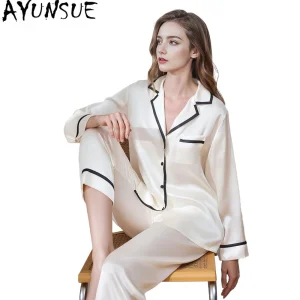 AYUNSUE 100% Natural Mulberry Silk Sleepwear Women Spring Summer Home Clothes 19MM Silk Pajama Set Long Sleeve Top Casual Pants - AliExpress Women's Sleep & Lounge