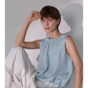Comfortable Breathable Full Linen Blue White Stripes Sleeveless Women's Shirt Drawstring Waist Slim round Neck Top Vest - AliExpress Shirts & Blouses