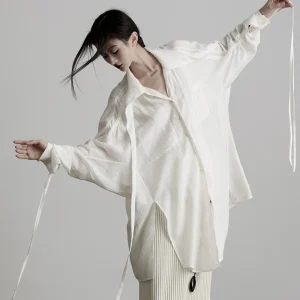 White Loose Thin Drawstring Sleeve Sharp Collar Long Shirt Women's Top Casual Style Regular Length Nylon Fiber Girls' Youth - AliExpress Shirts & Blouses