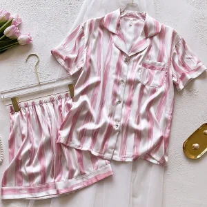 New Pink Striped Silk Sleepwear Thin Short Sleeve Shorts Home Wear - AliExpress Women's Sleep & Lounge
