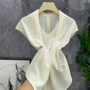 V-Neck Half Sleeve Satin Women's Top Versatile Good Looking Straight Cut Acid Fiber Pure Color Commute Style Summer Shirt - AliExpress Shirts & Blouses