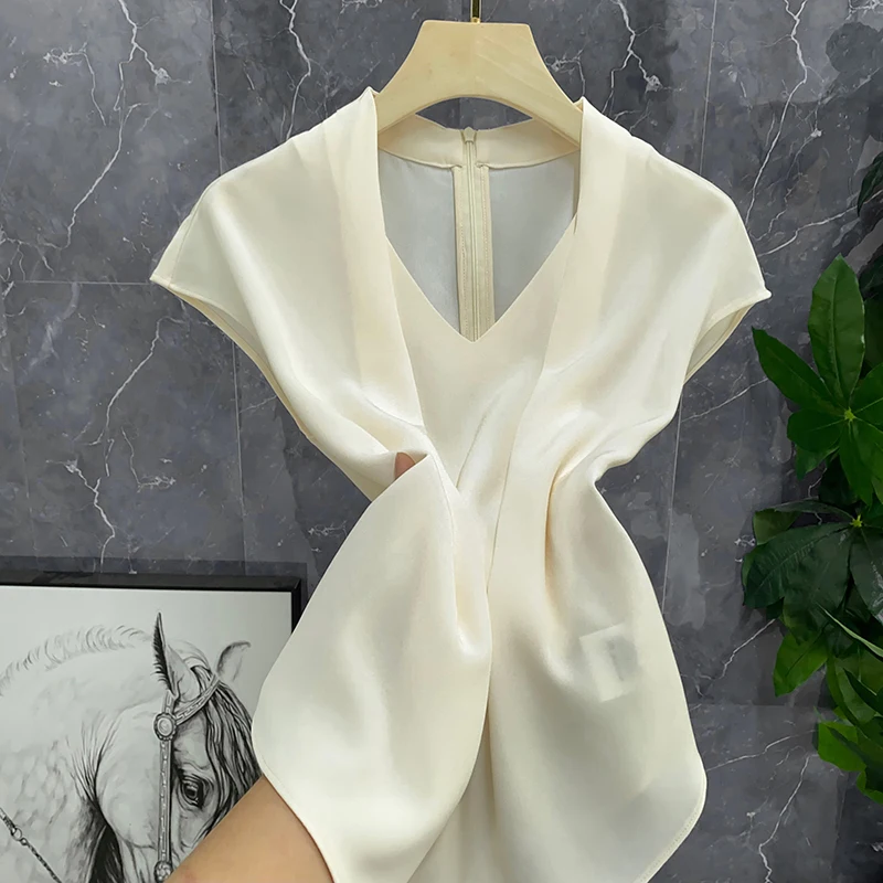 V-Neck Half Sleeve Satin Women's Top Versatile Good Looking Straight Cut Acid Fiber Pure Color Commute Style Summer Shirt - AliExpress Shirts & Blouses