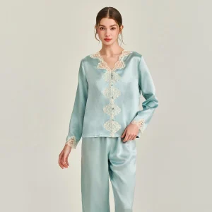 22MM 100% Mulberry Silk Lace Trim Ladies Pajama Set Spring Solid Button Down Top & Trousers 2 Piece Suit Luxury Nightwear Outfit - AliExpress Women's Sleep & Lounge