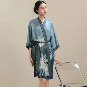 Women 100% Mulberry Silk Short Kimono Robe Floral Print Belted Bathrobe Luxury Silk Loungewear Summer Bridal Morning Sleep Gown - AliExpress Women's Sleep & Lounge
