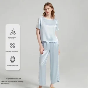 Women 100% Mulberry Silk Lace Spliced Pajama Set Round Neck Short Sleeve Long Pants Antibacterial Breathable Loungewear - AliExpress Women's Sleep & Lounge
