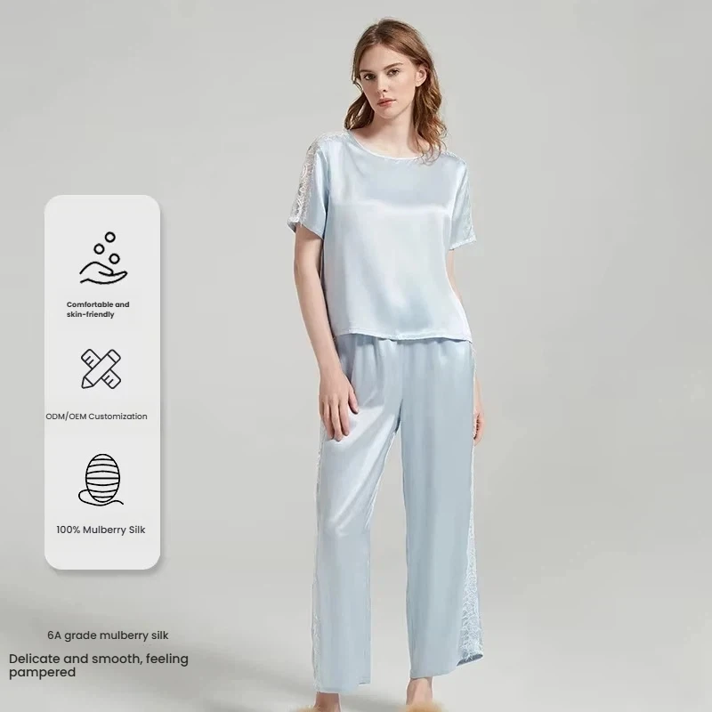 Women 100% Mulberry Silk Lace Spliced Pajama Set Round Neck Short Sleeve Long Pants Antibacterial Breathable Loungewear - AliExpress Women's Sleep & Lounge
