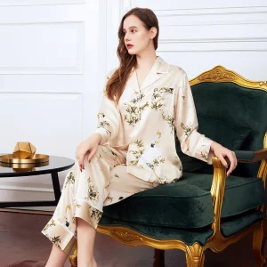 Printed 19MM 100% Mulberry Silk Long Sleeve Cardigan Loungewear PJ Set Spring And Autumn Buttons Lapel Top & Pants Pajamas Set - AliExpress Women's Sleep & Lounge