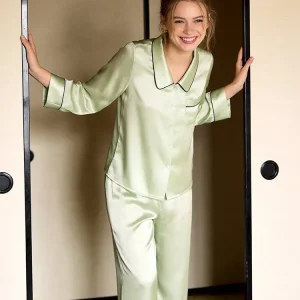 100% Mulberry Silk Baby Doll Collar Pajamas Solid Color Women's Spring Nightwear Button Down Tops and Trousers PJ Set Loungewear - AliExpress Women's Sleep & Lounge