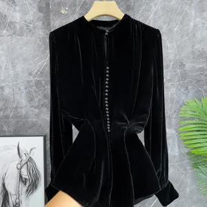 Elegant Slimming Velvet Silk Long Sleeve Shirt Stand Collar Beaded European Style Women's Premium Fashion Business Casual Top - AliExpress Shirts & Blouses