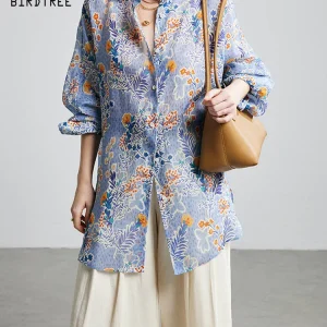 BirdTree-100%Ramie Elegant Shirt, Long Sleeve Lapel Floral Print, Women Fashion Vacation Loose Thin Blouse, 2026 Summer T65394CC - AliExpress Shirts & Blouses