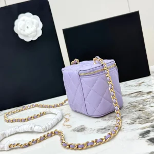 Lavender lambskin quilted mini vanity box bag with double gold zipper pulls, adjustable interwoven chain strap, gold ball accents, small women's crossbody makeup bag. - AliExpress Women's Handbags