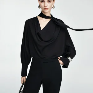 Elegant Black Shirt for Women with Sash Office Wear Simple Style Premium Feeling Women's Fashion Casual Business Suit - AliExpress Shirts & Blouses