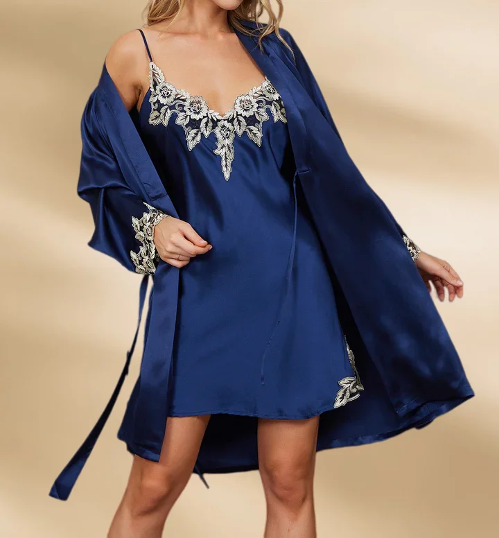 100% Mulberry Silk Pajama Set 2Pcs Women Lace Trim Camisole Nightgown & Robe Solid Luxury Satin Sleepwear Kimono Bathrobe Sets - AliExpress Women's Sleep & Lounge