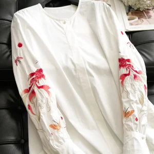 New Chinese Style round Neck Embroidered Shirt High Density Cotton Rich And Lucky Carp Leaping Fashionable Loose Fit Women's Top - AliExpress Shirts & Blouses