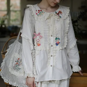 Spring Summer Women Retro Fresh Big Collar Embroidery Forest Girl Lace Trim Cotton Linen Loose Top Shirts/Blouses - AliExpress Shirts & Blouses