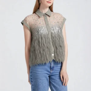 Women's Lapel Feather Embellishment Sleeveless Vest Silk Shirt - AliExpress Shirts & Blouses