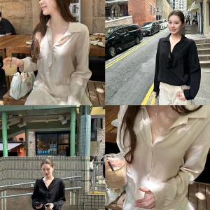 Dibao Xi Loose Long Sleeve Women's Shirt Half Open Minimalist Double Color Casual Versatile Lazy Style Fibre Blend Spring - AliExpress Shirts & Blouses