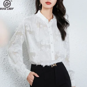 100% Silk Women's Shirt Stand V Collar Long Sleeves Appliques Elegant Fashion Blouse Tops - AliExpress Shirts & Blouses